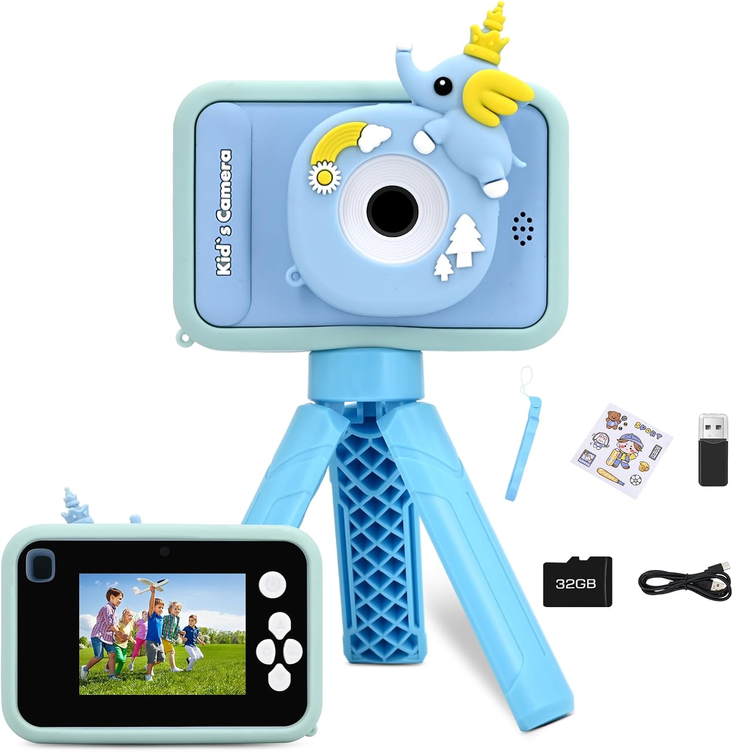 Fretrecy upgrade kids digital camera front view in blue showing elephant design and dual lens system