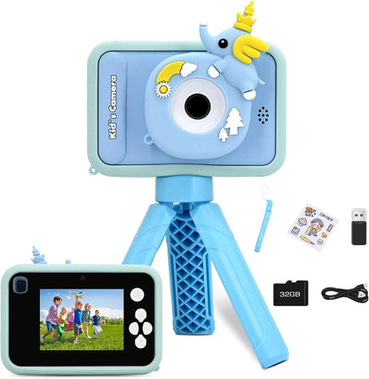 Fretrecy upgrade kids digital camera front view in blue showing elephant design and dual lens system