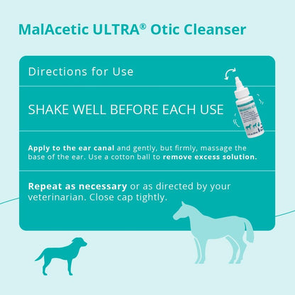 Back packaging instructions for MalAcetic Ultra therapeutic ear cleanser