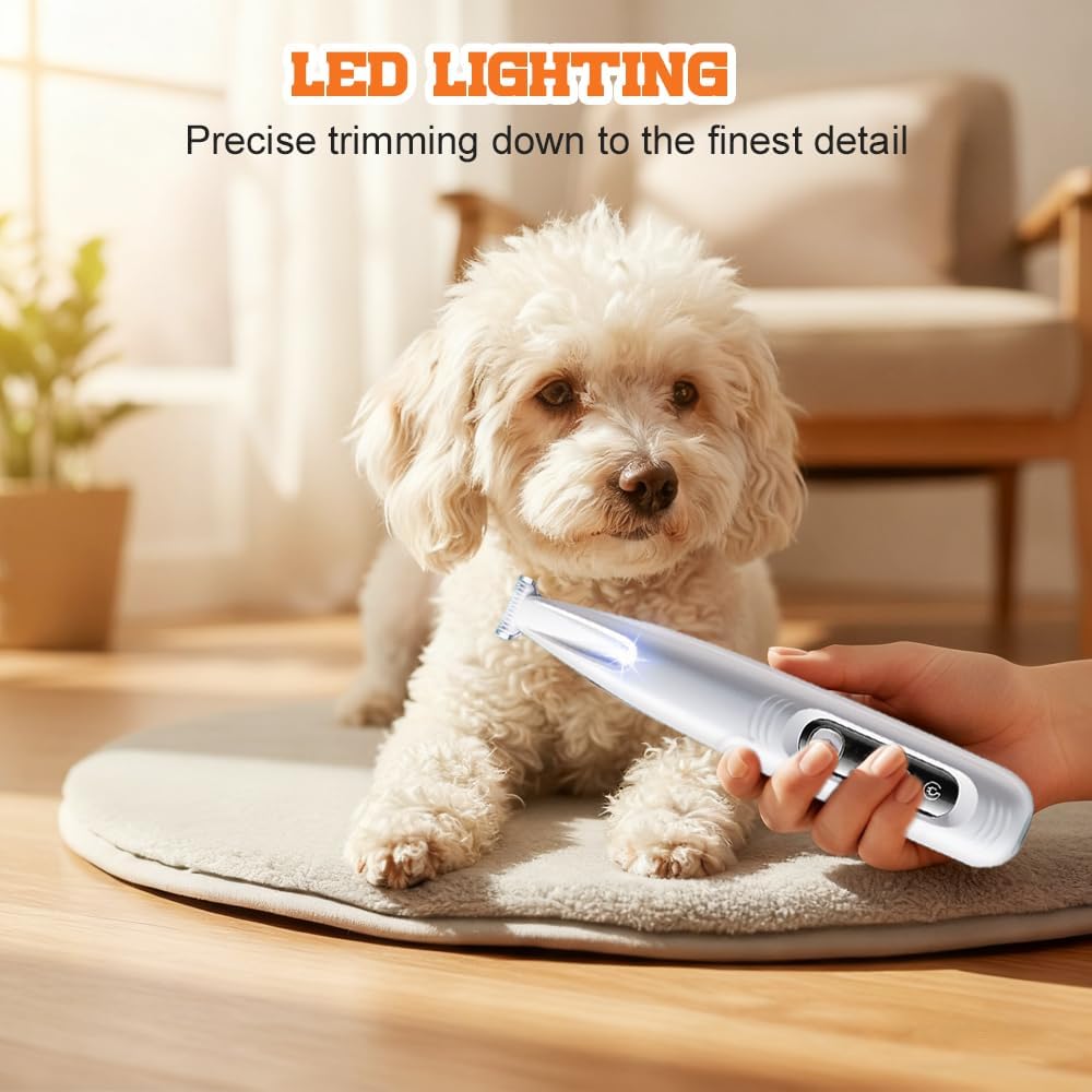 Quiet pet hair clipper with built-in LED light illuminating cat paw pads for trimming