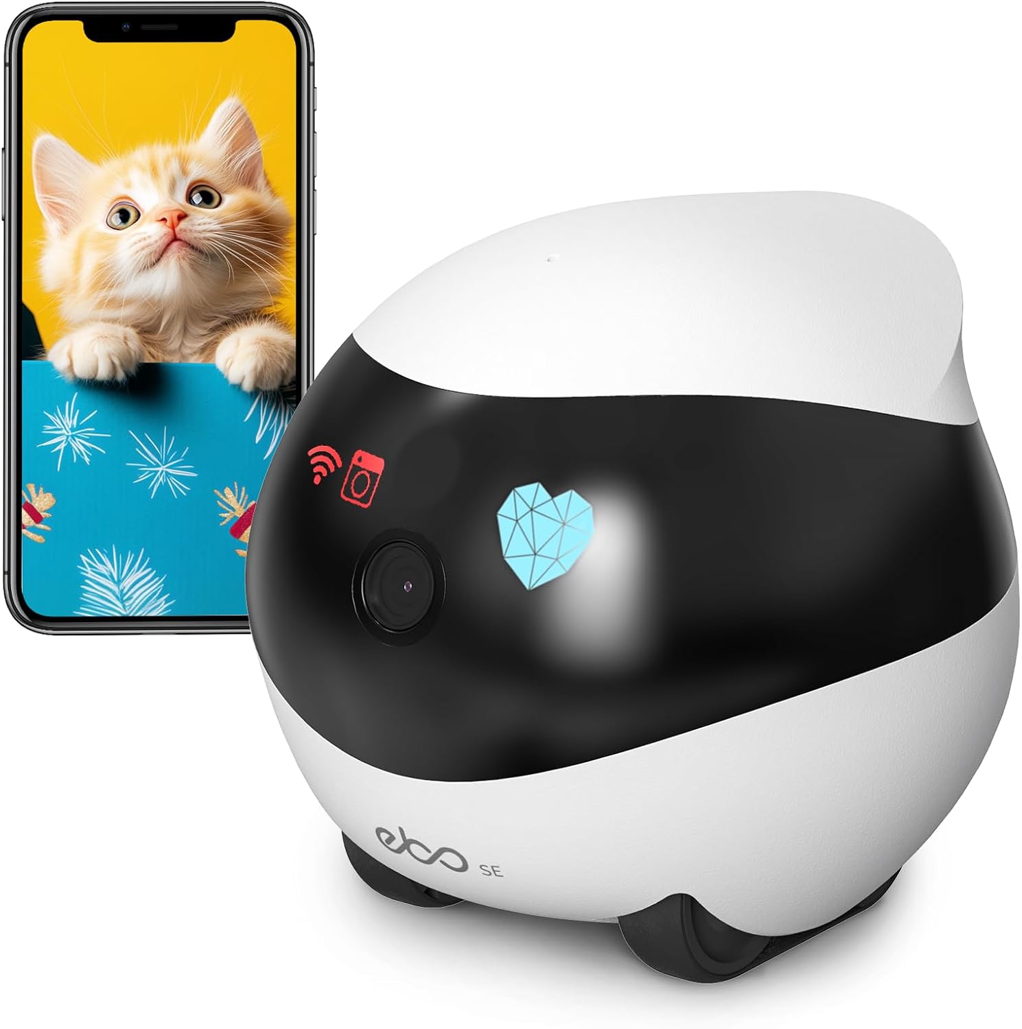 Enabot EBO SE FamilyBot Home Camera Robot front view showing the compact spherical design and camera lens.