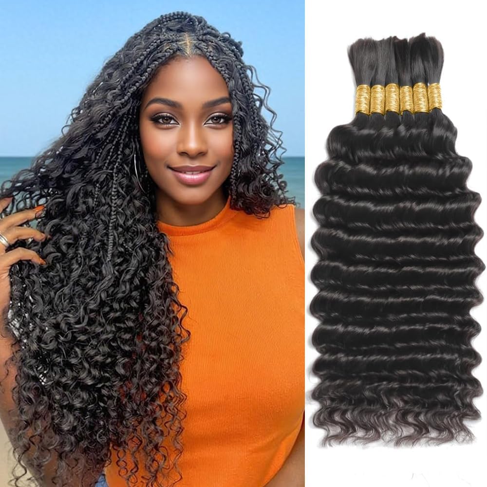 Popway human braiding hair for boho braids front view showcasing 20 inch deep wave curly bundles