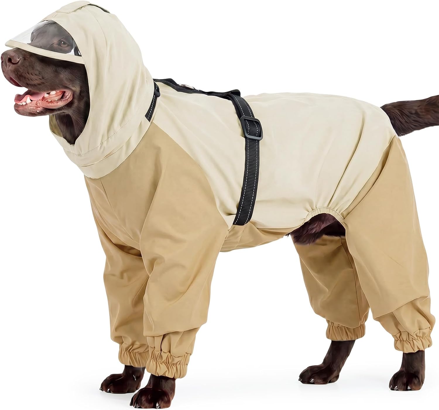 Nanaki waterproof dog raincoat with harness front view showing beige protective fabric.
