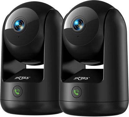 Dzees 2K Indoor Security Camera front view showcasing the black dual pack setup for home monitoring.