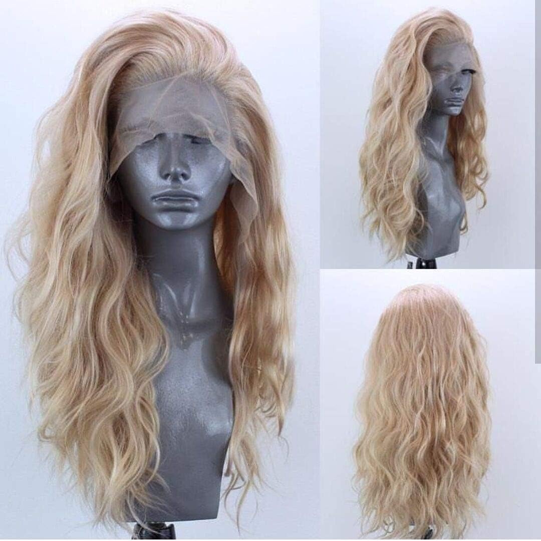 ELESTY long natural curly glueless lace front wig golden blonde front view