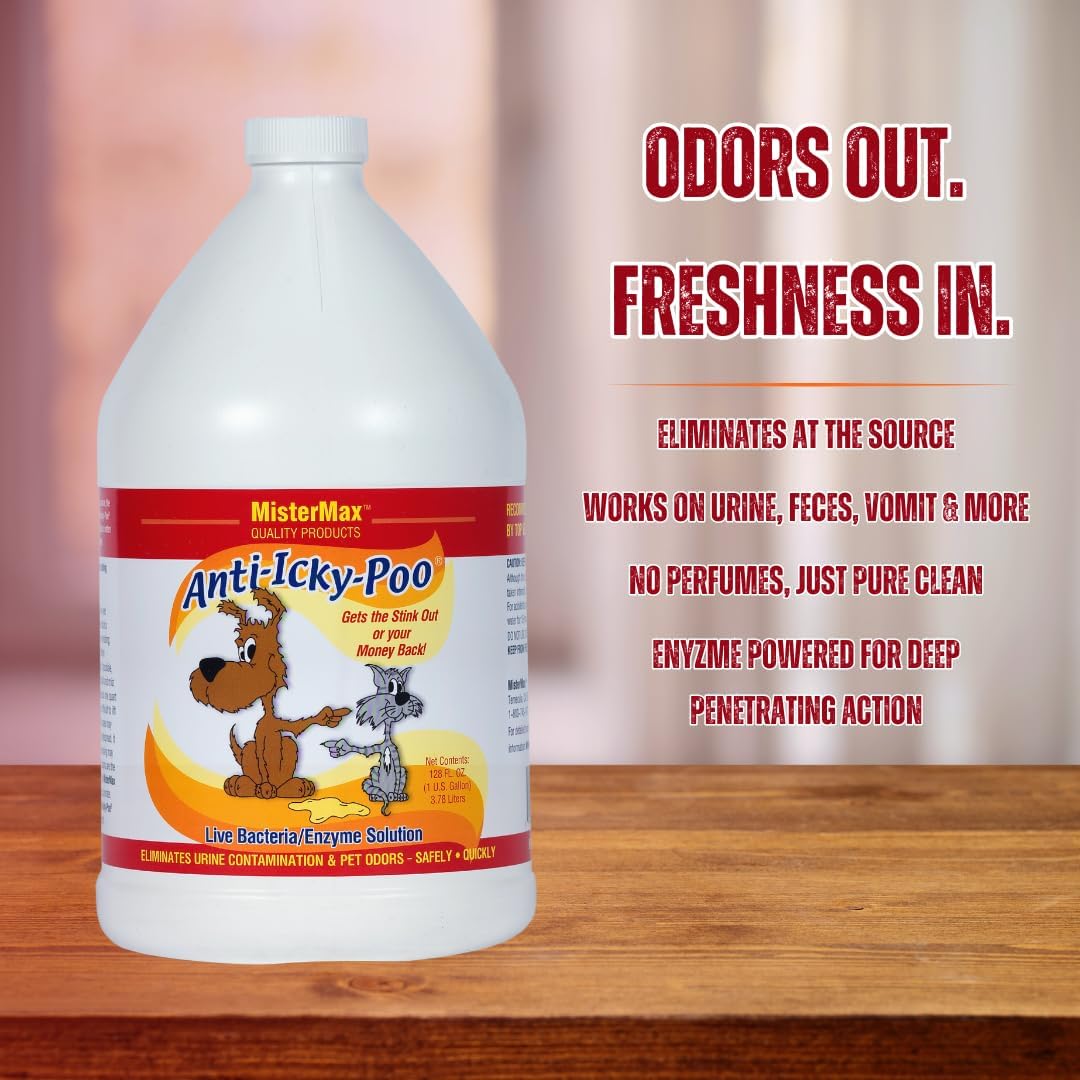 Mister Max enzymatic stain and odor remover bottle showing live bacteria solution details