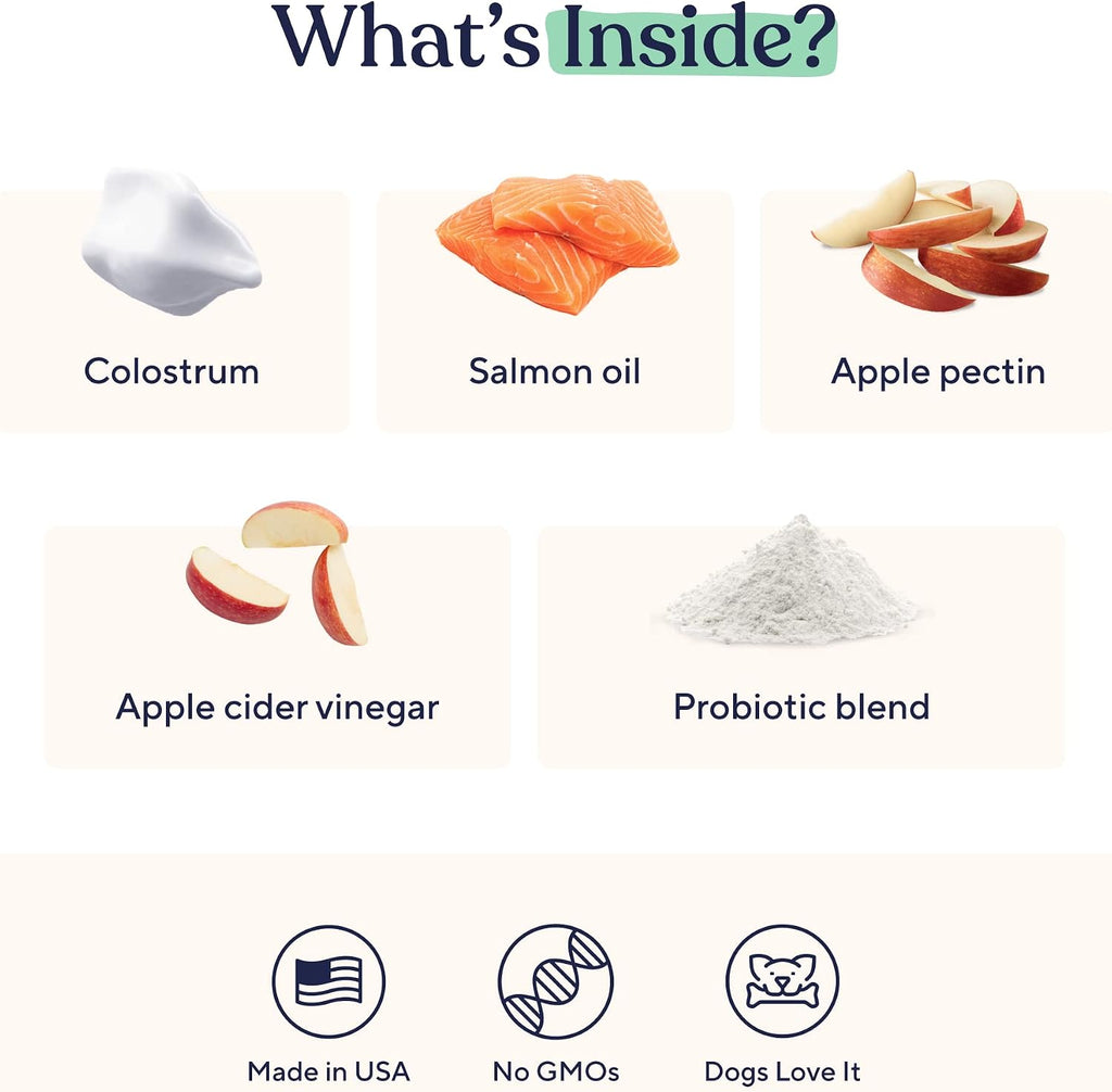 Pawfy immune support dog supplement back label detailing colostrum and salmon oil ingredients