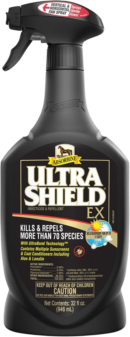 Absorbine UltraShield EX 32 Fluid Ounce front view bottle showcasing weatherproof black packaging