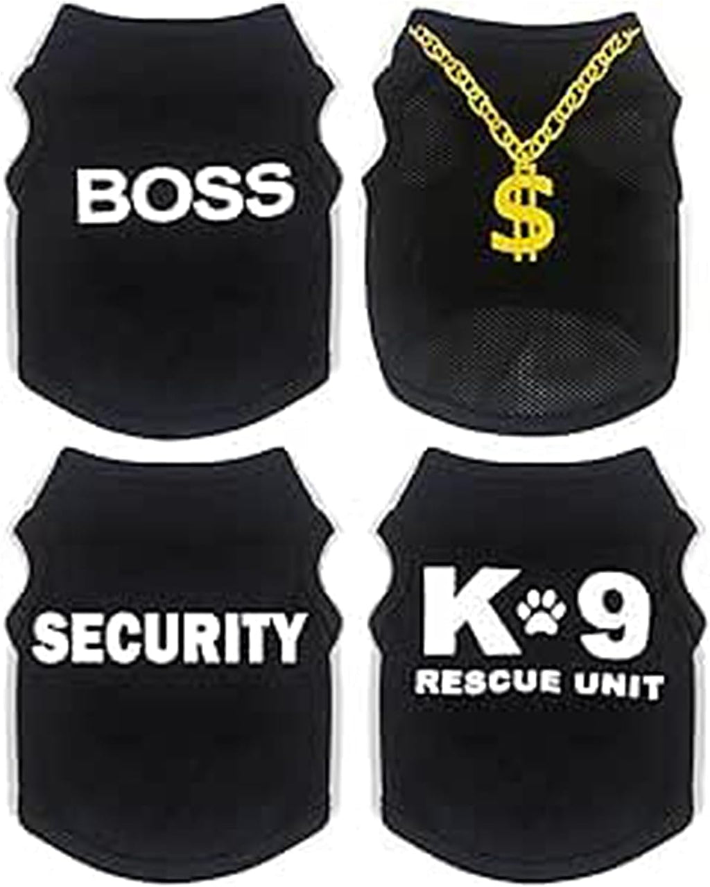 Uswalnna 4-pack black security dog clothes front view of pet shirt.