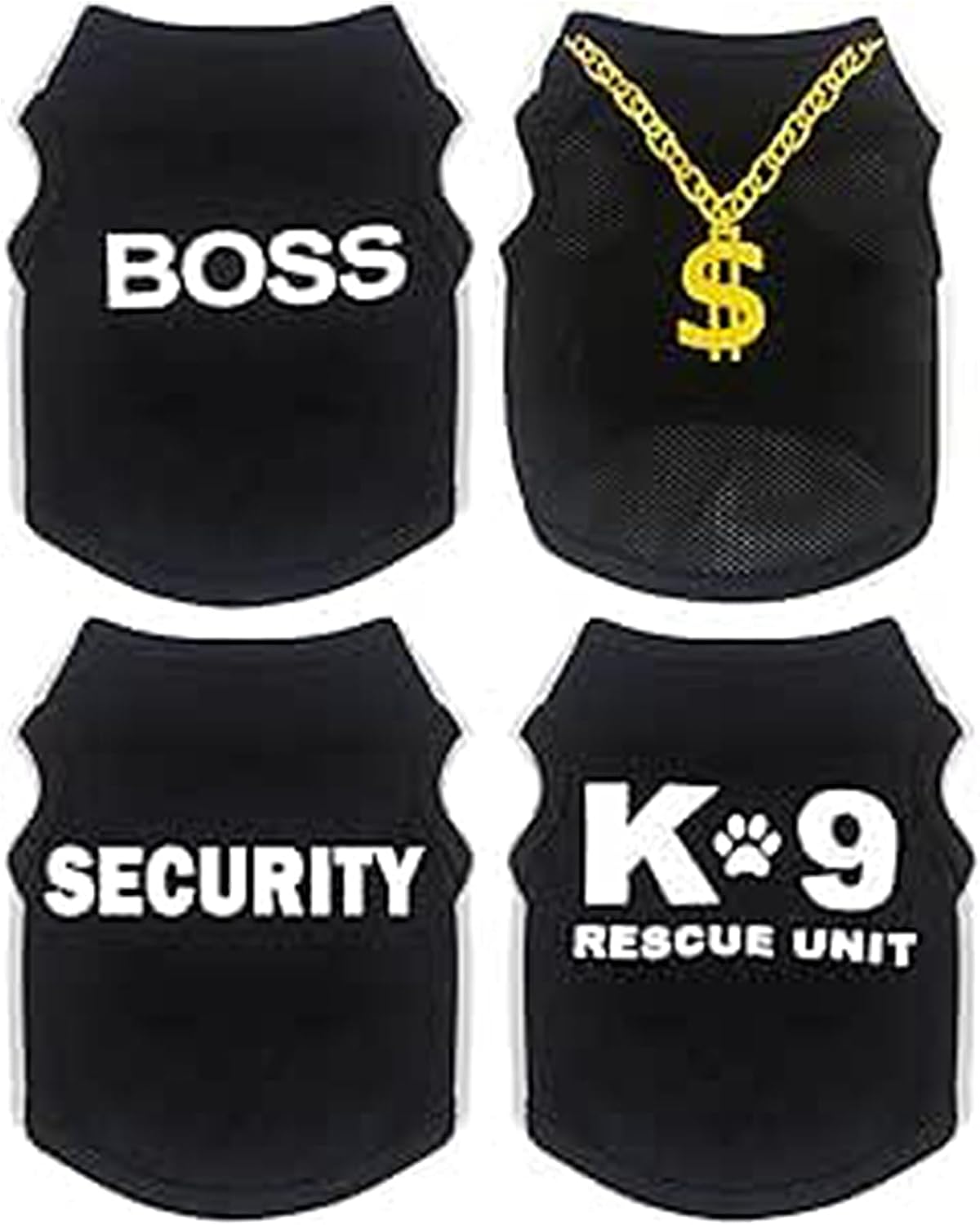 Uswalnna 4-pack black security dog clothes front view of pet shirt.