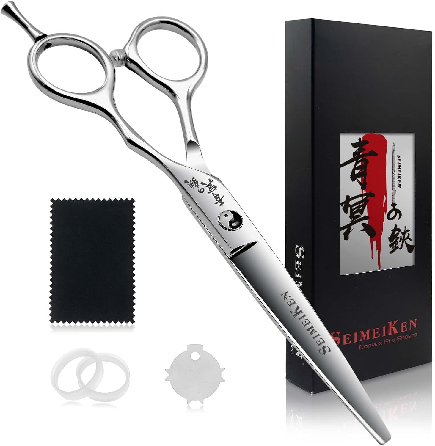 SEIMEIKEN professional hair cutting scissors front view highlighting the silver six inch stainless steel body