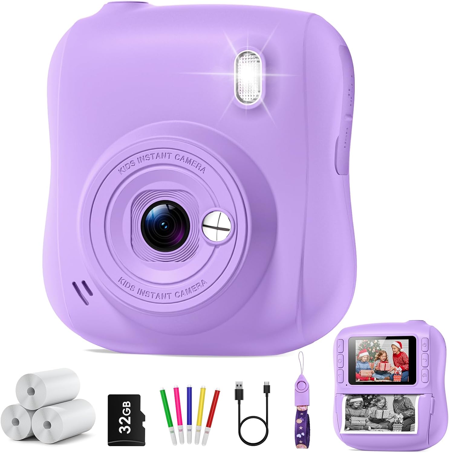 Hangrui kids instant print camera front view in vibrant purple color