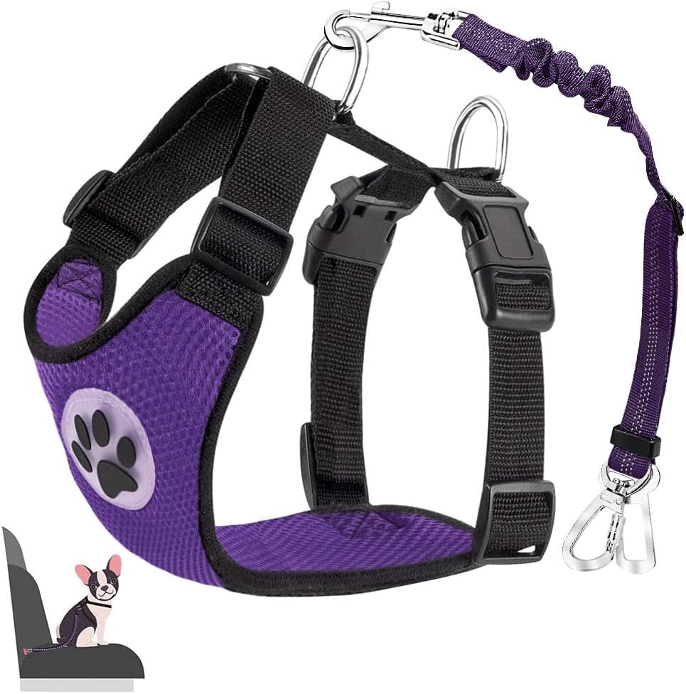 Lukovee purple dog car harness and seatbelt set front view