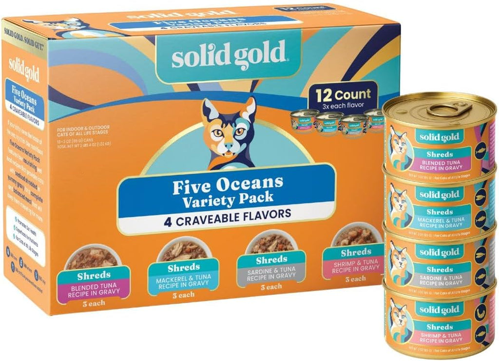 Solid Gold Wet Cat Food Variety Pack - Pate & Shreds in Gravy - Healthy Canned Cat Food Pate w/Real Chicken, Tuna, Mackerel & Sardine - Grain Free & Gluten Free Can Meals for Cats & Kittens - 12ct/3oz - Image 10