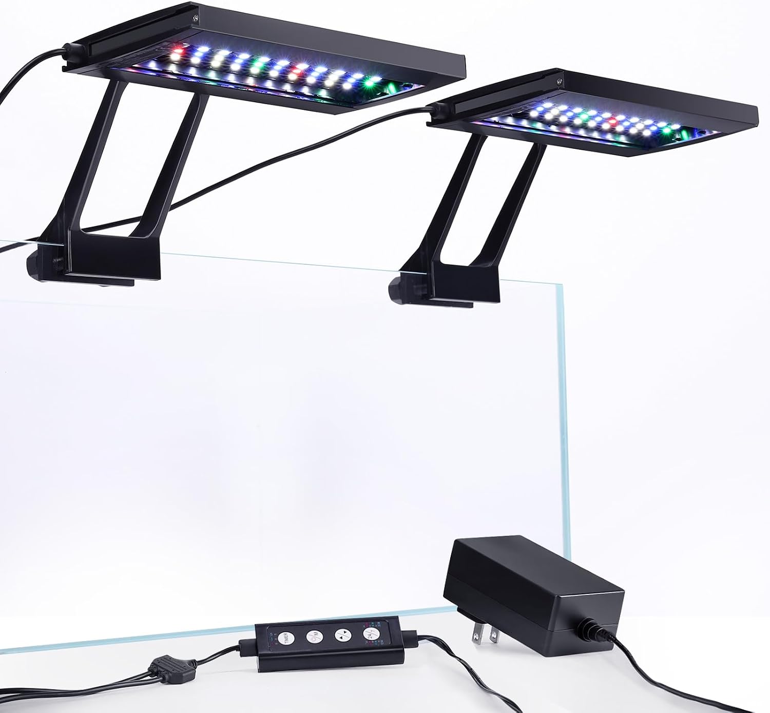 Hygger clip on aquarium LED light front view showcasing the sleek black aluminum housing and attached multi-channel controller.