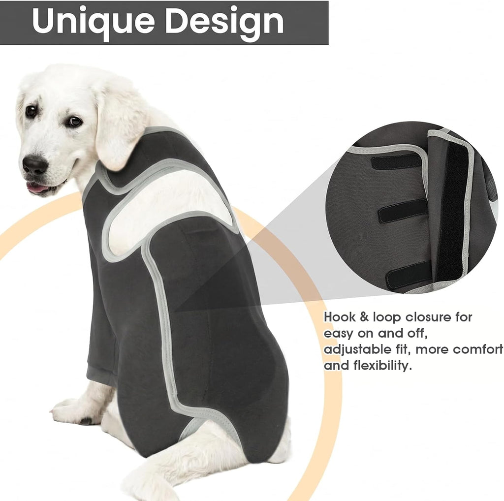 Dog moving freely while wearing gray recovery onesie
