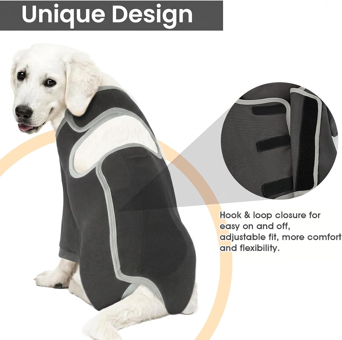 Dog moving freely while wearing gray recovery onesie