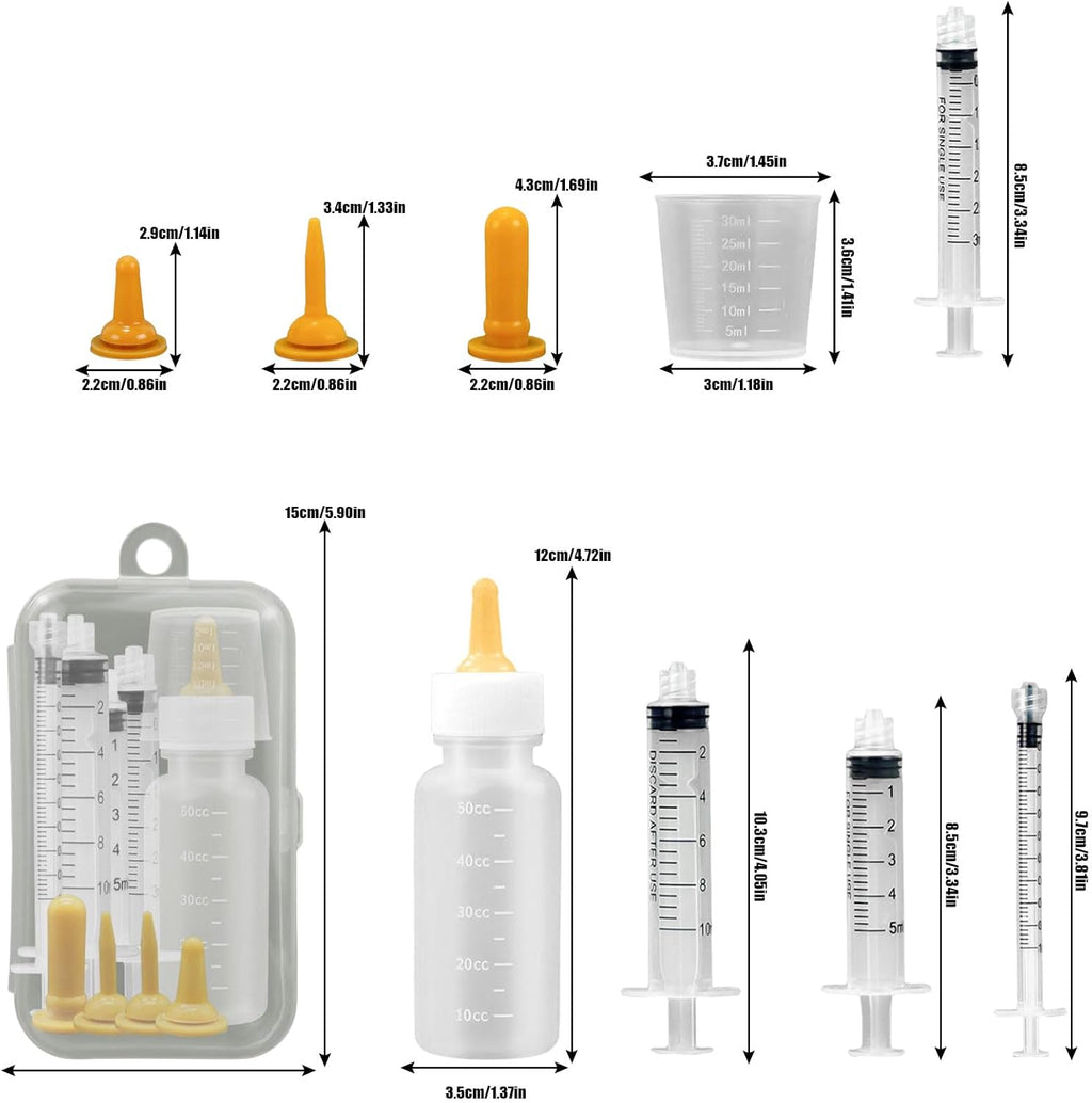 Newborn puppy nursing tool kit with detailed measurement markings on transparent barrels.