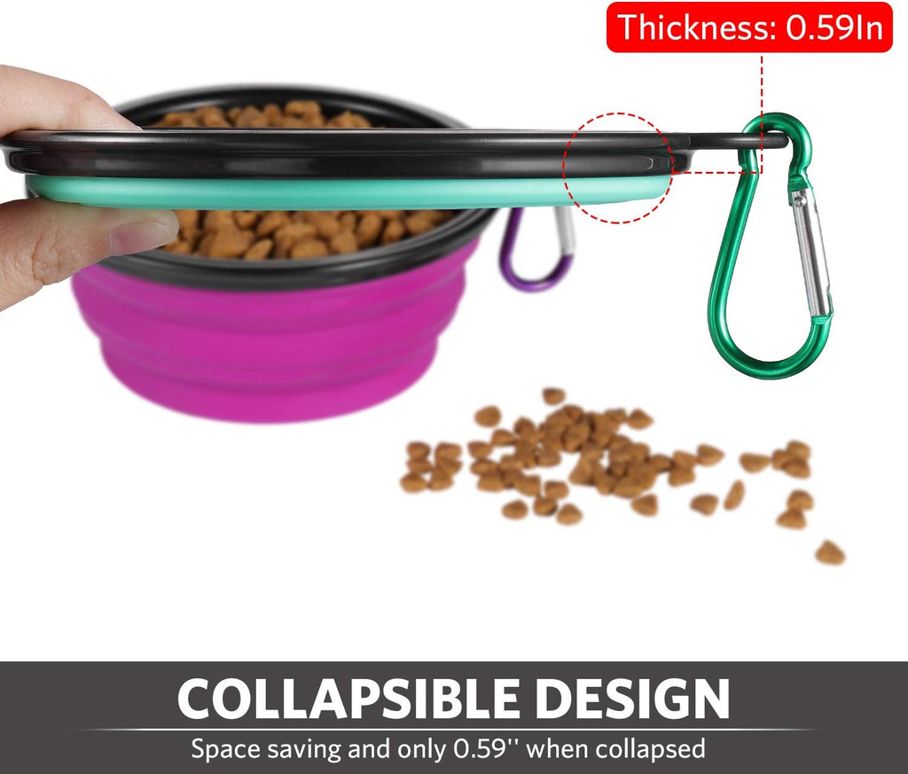 Premium silicone expandable pet bowl attached to a backpack using the included carabiner clip