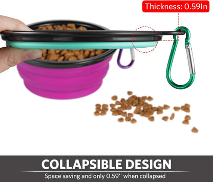 Premium silicone expandable pet bowl attached to a backpack using the included carabiner clip