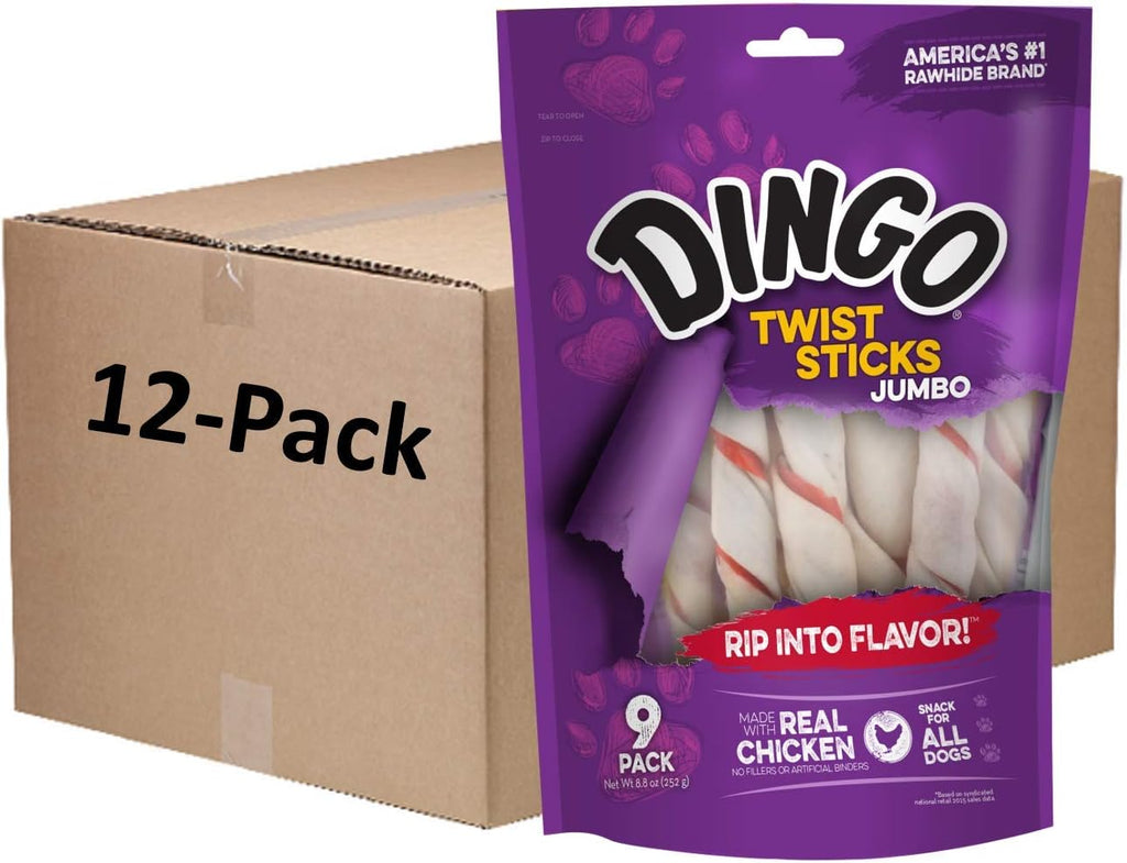 High protein pet snacks from Dingo brand displaying premium pork hide and chicken ingredients