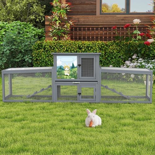 COZIWOW 95inches Extra Large Wood Rabbit Hutch Outdoor Easy to Assemble and Stable Bunny Cage Indoor with Cleaning Tray & Waterproof Roof for Small and Medium Bunny Rabbit ChickGrey with Pattern - Image 7