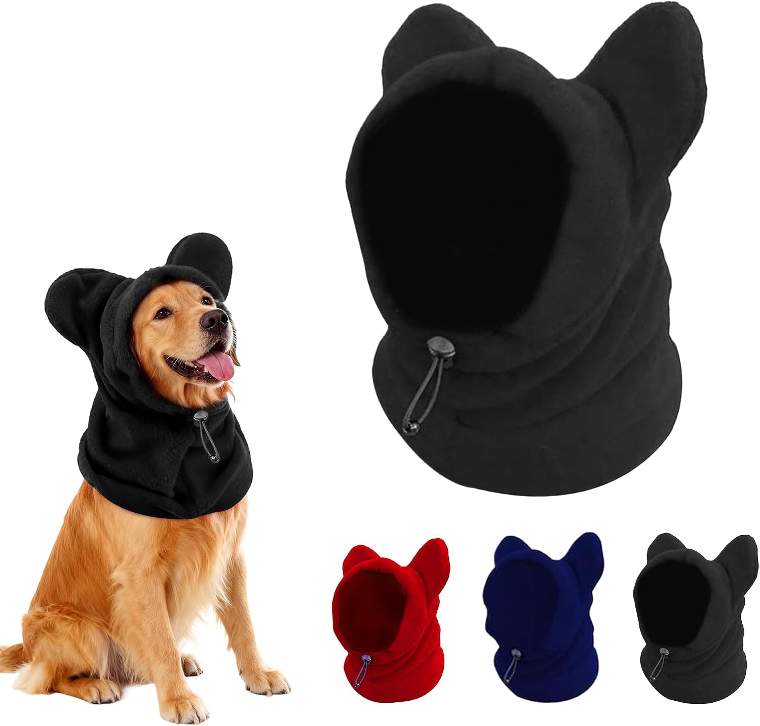 Dog wearing cozy winter snood for thunderstorm anxiety