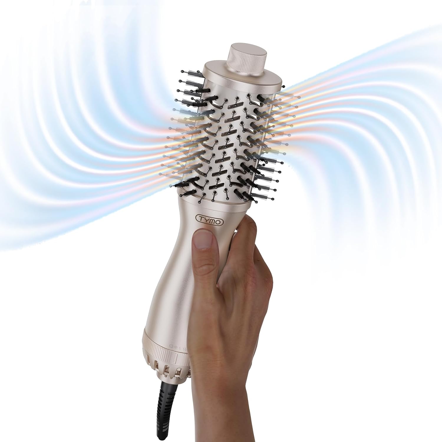 TYMO 2.0 Hair Blow Dryer Brush front view showcasing the gold finish and two inch round barrel