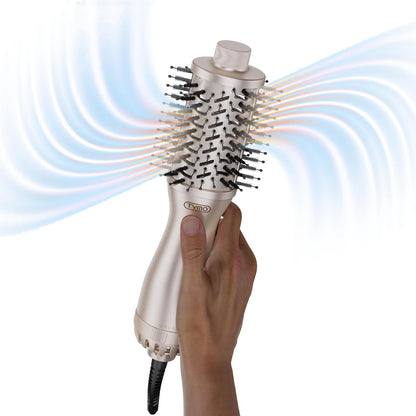 TYMO 2.0 Hair Blow Dryer Brush front view showcasing the gold finish and two inch round barrel
