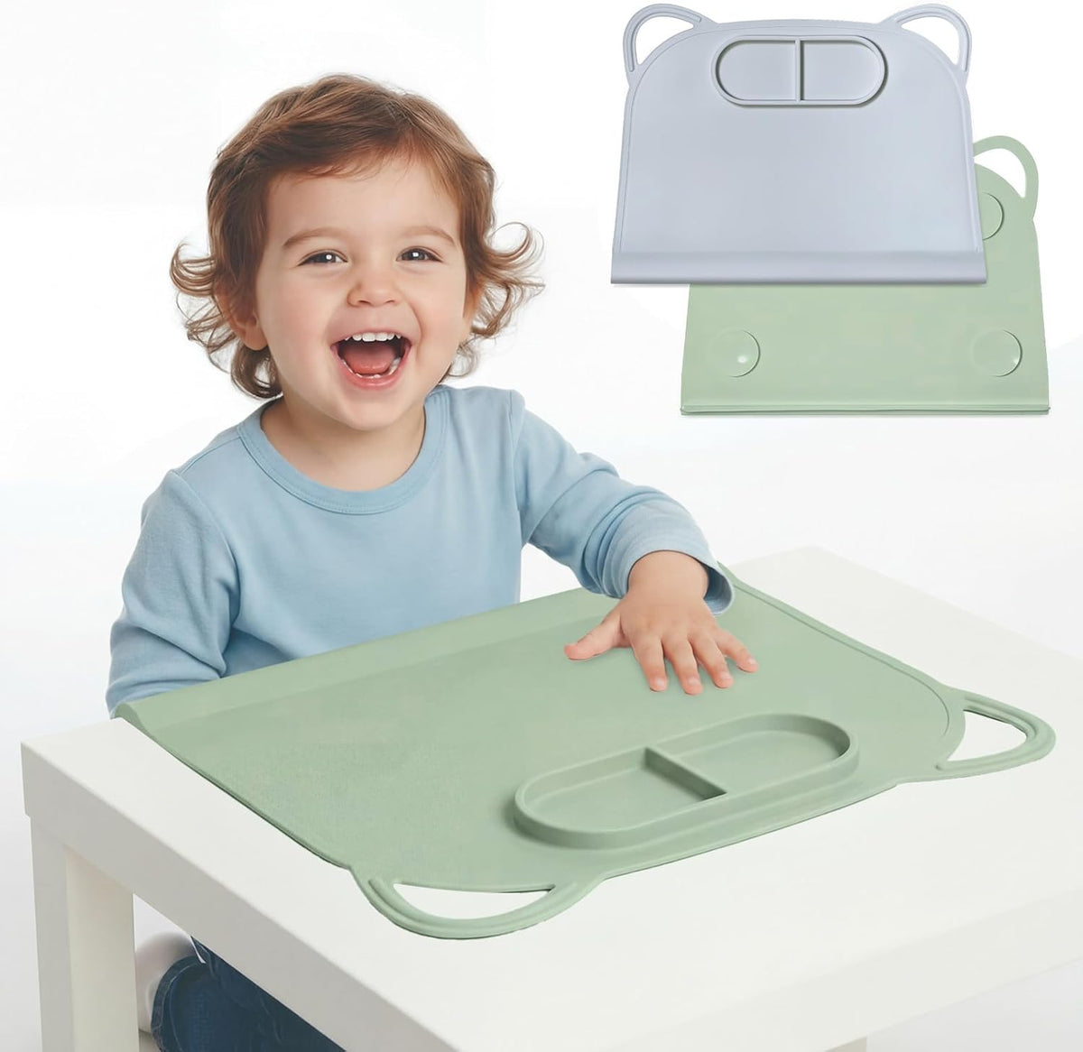 Domensi Silicone Suction Placemat front view showing the blue and green mats with their travel storage bags on a clean dining table.