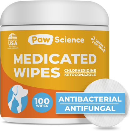 Full collection of Paw Science dog and cat medicated grooming products featuring the chlorhexidine pads.