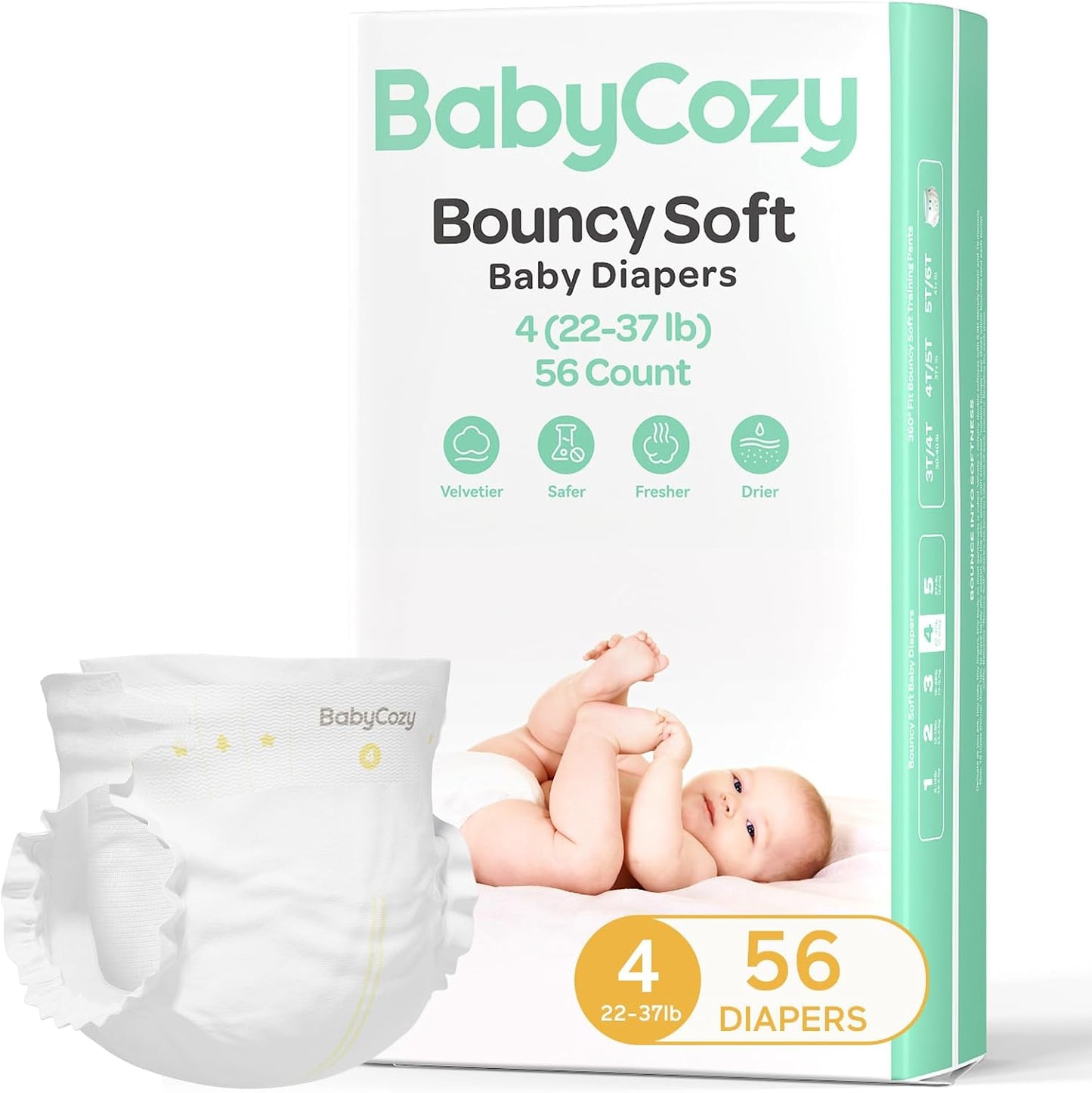 Babycozy Bouncy Soft Baby Diapers size four fifty six count front packaging view showing hypoallergenic sensitive skin care credentials