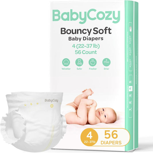 Babycozy Bouncy Soft Baby Diapers size four fifty six count front packaging view showing hypoallergenic sensitive skin care credentials
