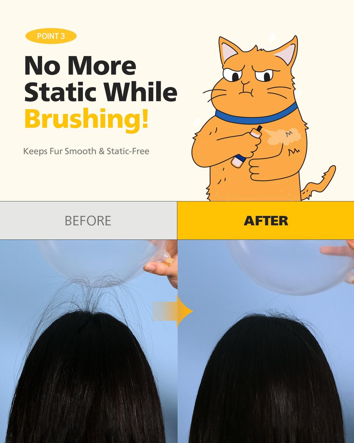 Close up of Pethroom yellow grooming bottle with cartoon cat illustration