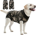 SAWMONG Dog Recovery Suit front view of camouflage pattern surgical onesie on a larger breed dog.