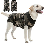 SAWMONG Dog Recovery Suit front view of camouflage pattern surgical onesie on a larger breed dog.