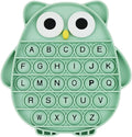 BULINGNA push pop bubble fidget sensory toy front view showing green owl shape with black alphabet letters.