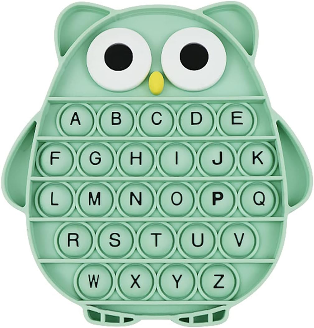BULINGNA push pop bubble fidget sensory toy front view showing green owl shape with black alphabet letters.
