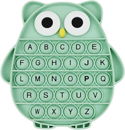 BULINGNA push pop bubble fidget sensory toy front view showing green owl shape with black alphabet letters.