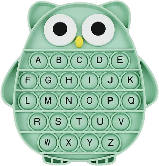 BULINGNA push pop bubble fidget sensory toy front view showing green owl shape with black alphabet letters.