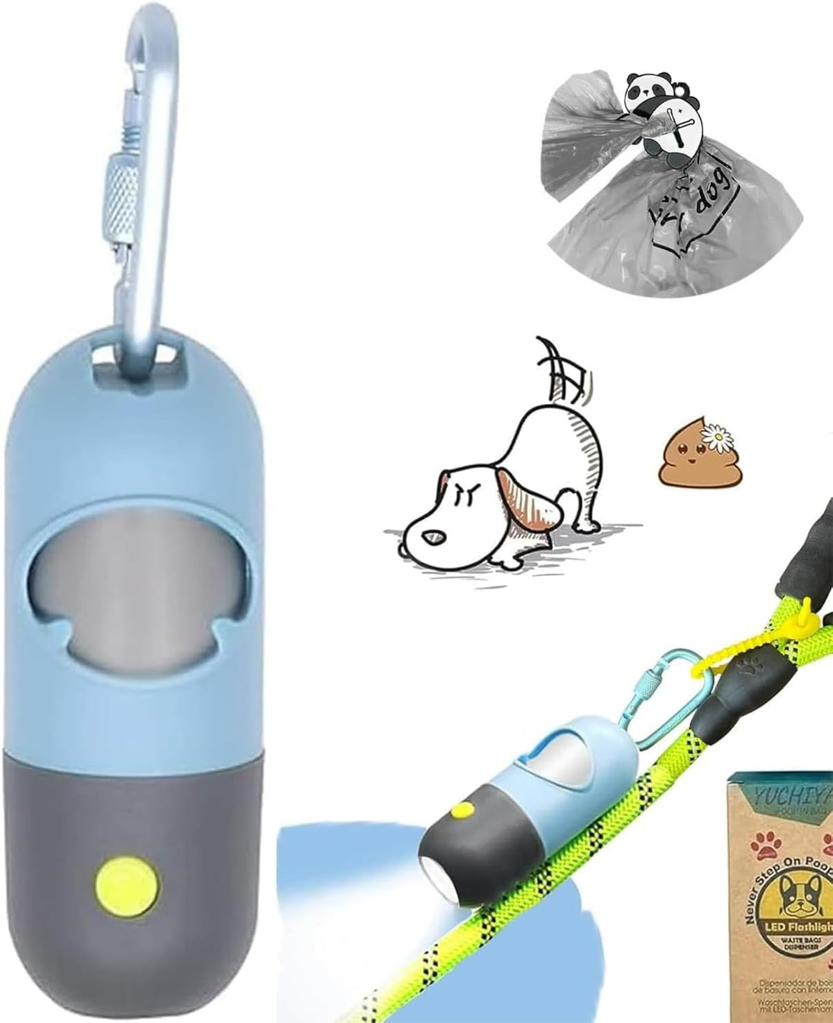 Dog Poop Bag Holder with LED Flashlight for Night Walks,Silicone Tether & Panda Pattern Clip for Used Bags, Hands-Free Metal Leash Carabiner, Includes 15 Scented Waste Bags (Crystal Blue) - Image 10