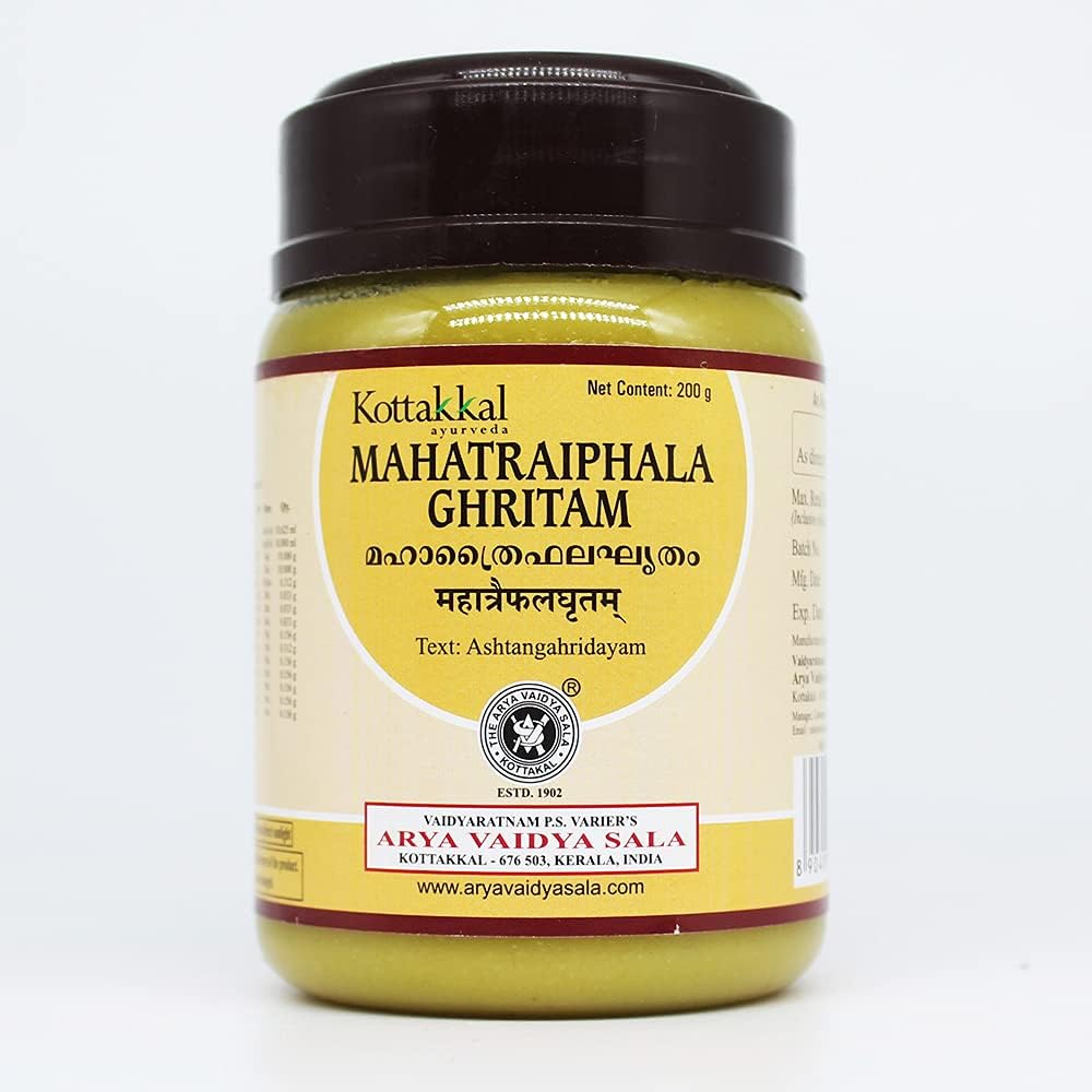 Kottakkal Mahatraiphala Ghritam 200 Grams jar front view showcasing authentic Ayurvedic eye care packaging.