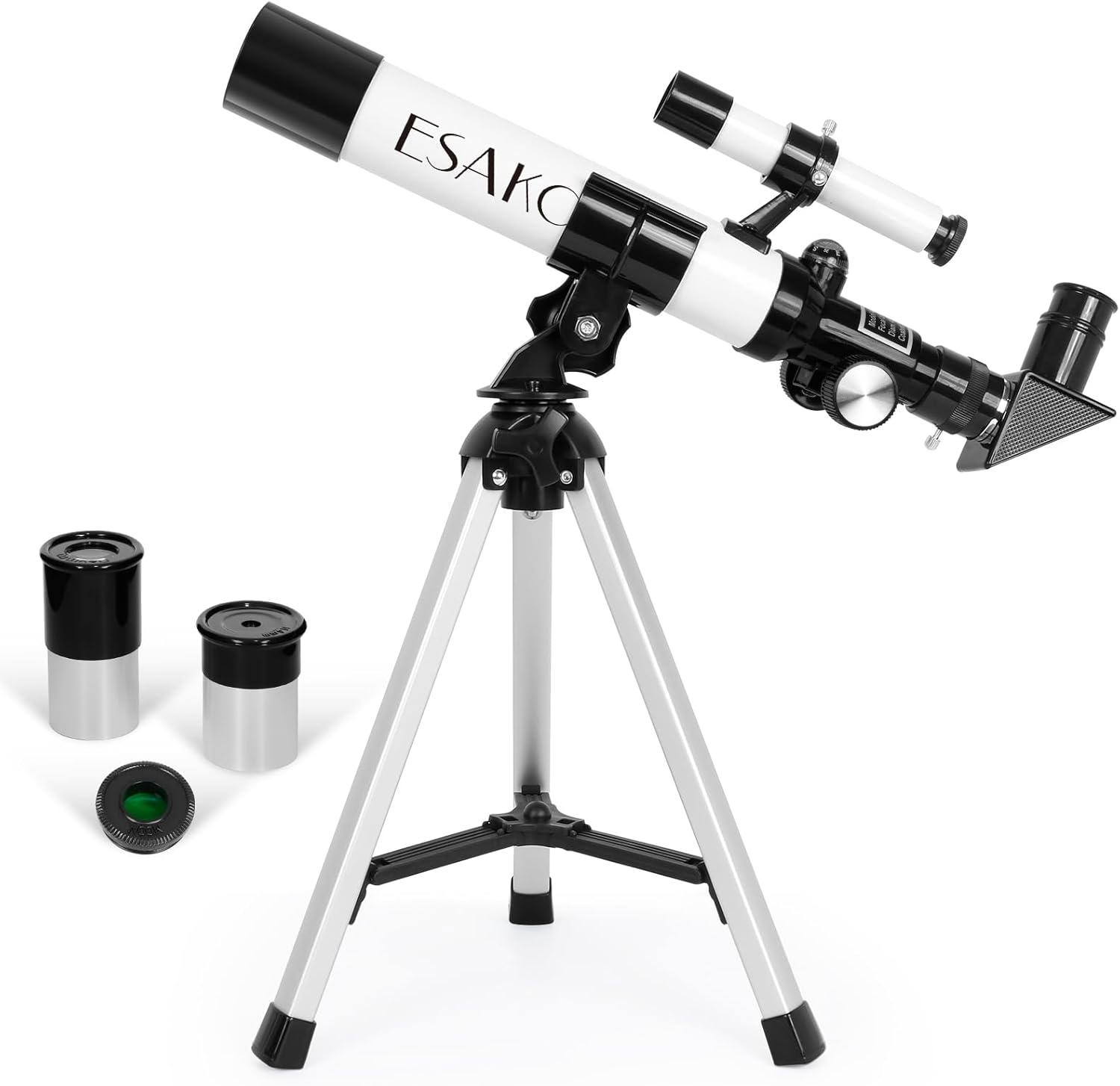 ESAKO telescope for kids front view showing main optical refractor tube assembly on tripod.