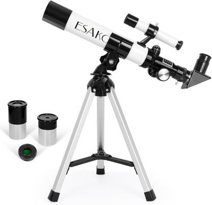 ESAKO telescope for kids front view showing main optical refractor tube assembly on tripod.