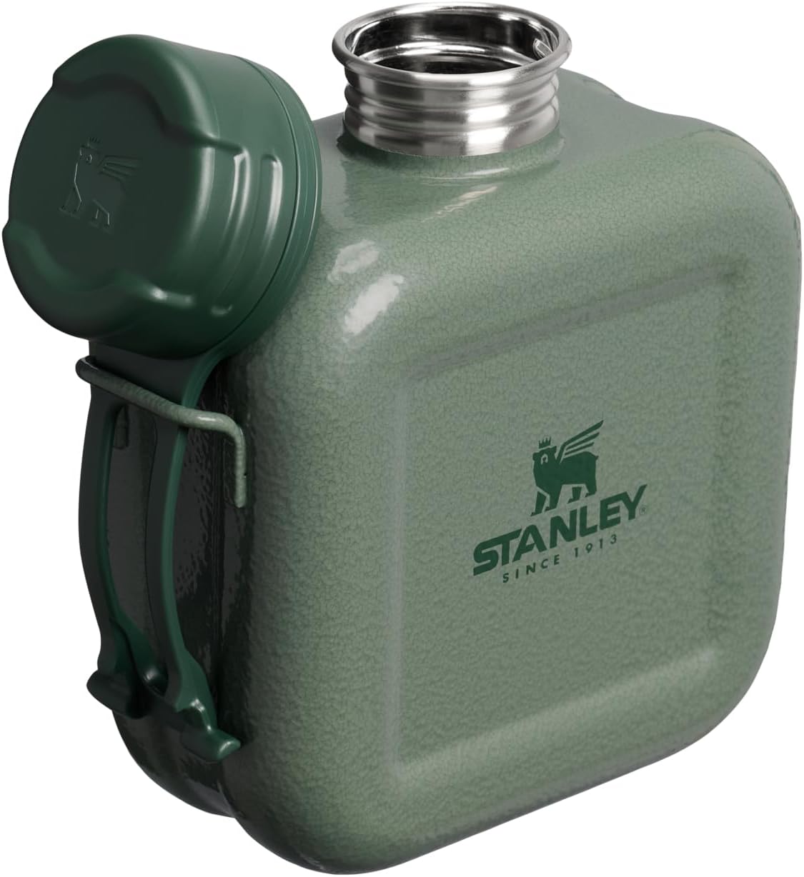 Stanley twenty-five ounce canteen with the tethered spin-off lid opened.