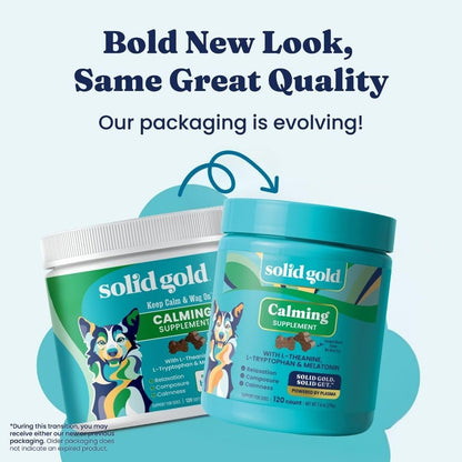 Solid Gold Keep Calm and Wag On soft chews container