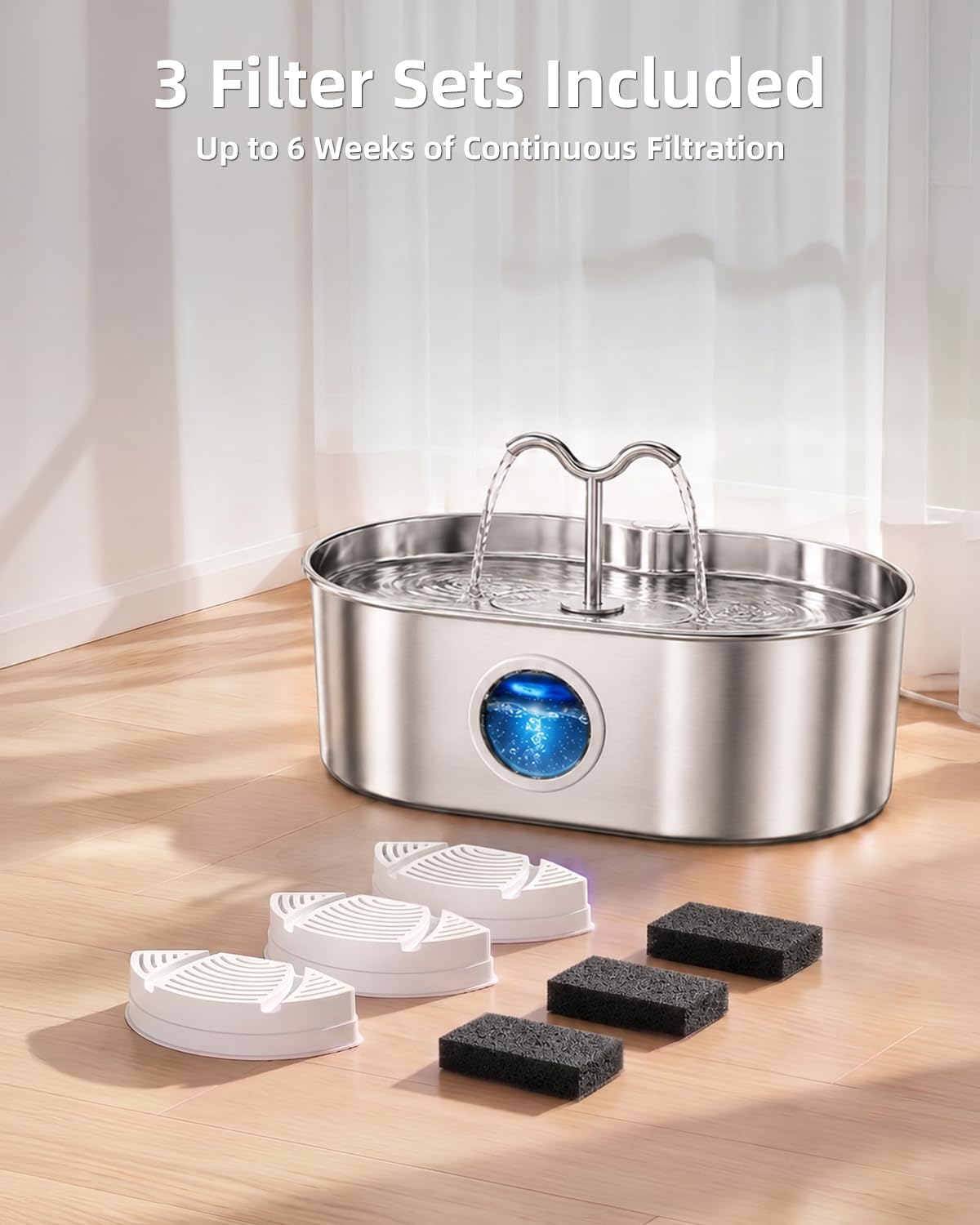 Clean stainless steel basin of large dog water fountain