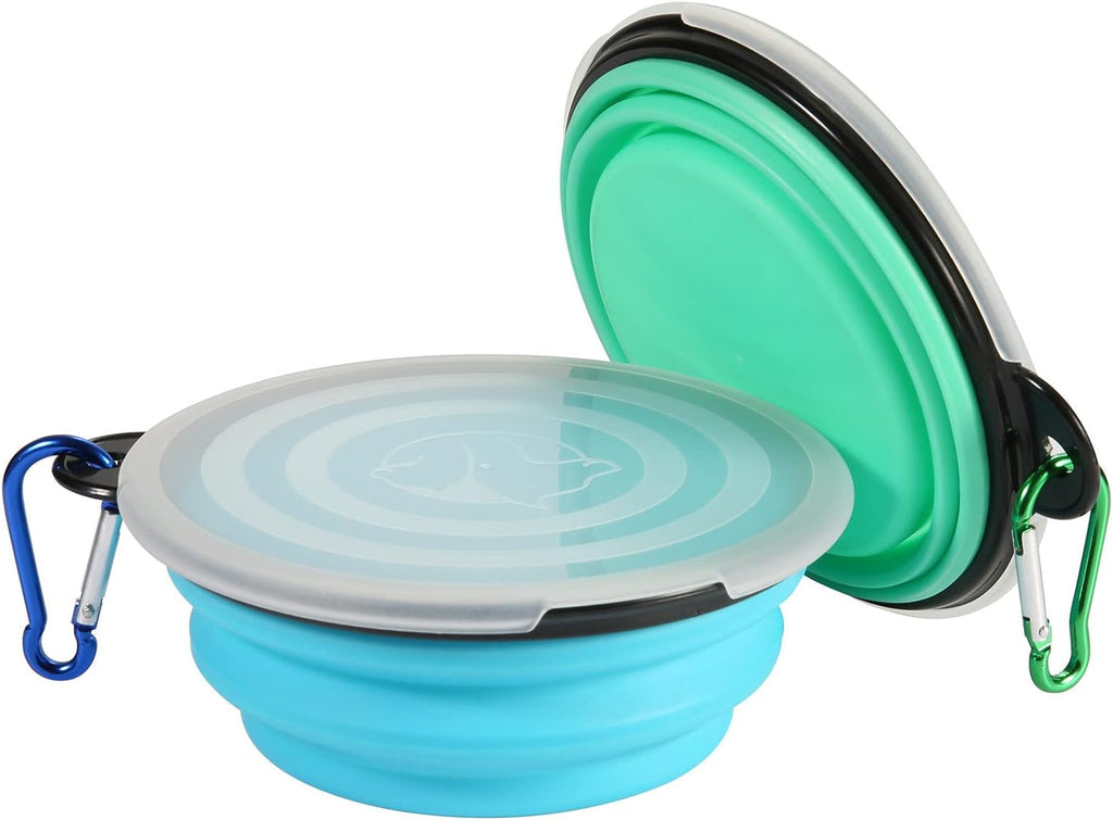SLSON portable pet travel bowls expanded with gray protective lids