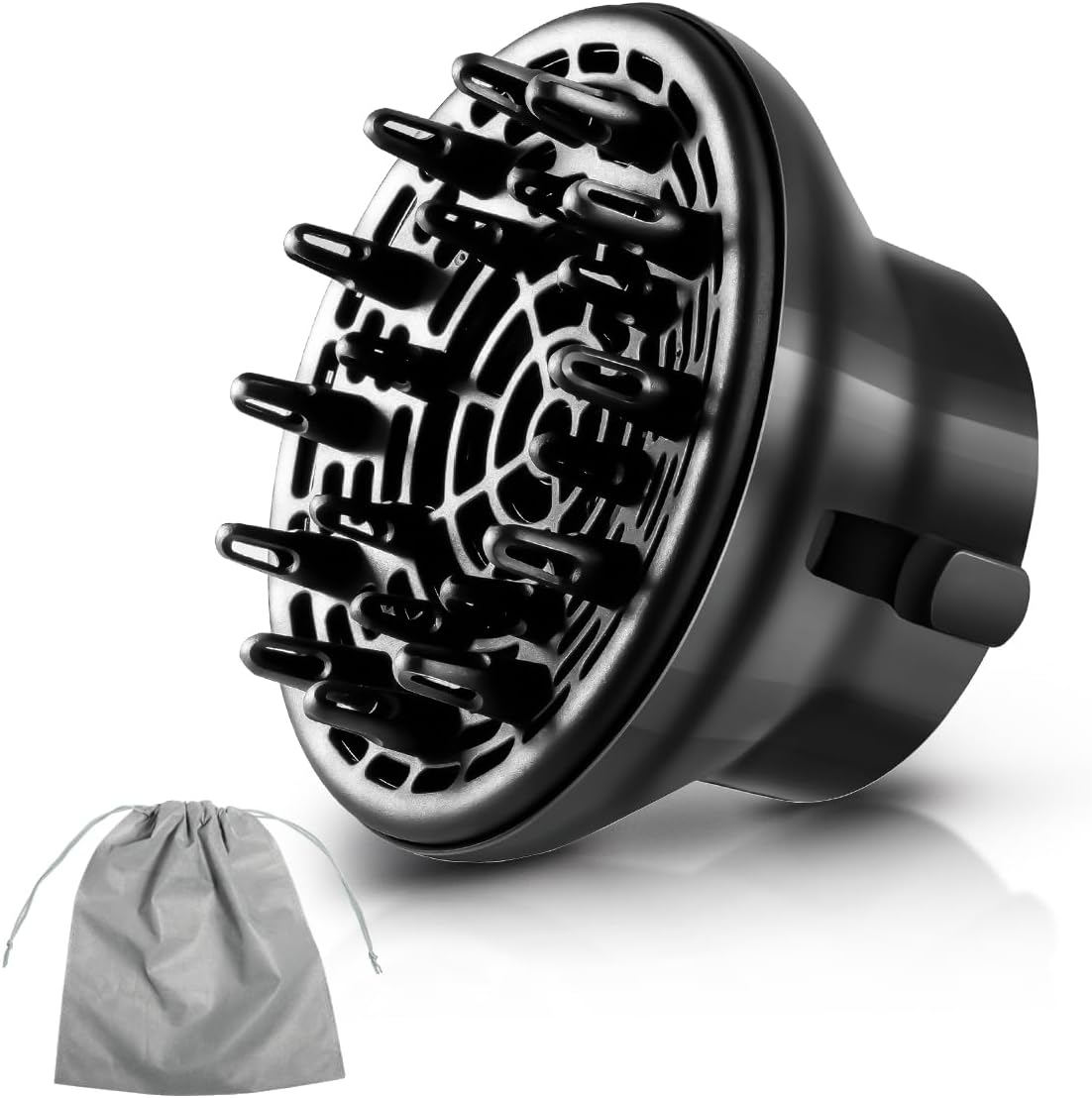 KAHEM Universal Hair Diffuser front view highlighting the black adjustable nozzle mechanism for professional blow dryers.
