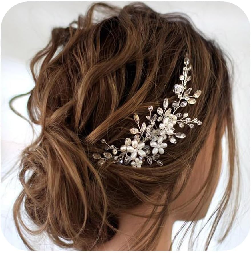 Jakawin bridal wedding hair comb front view silver pearl flower